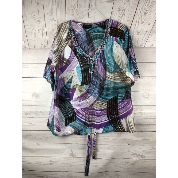 Jennifer Lauren Plus‎ Womens Blouse ruffles at neck-ties at waist 2X semi sheer - Picture 1 of 4